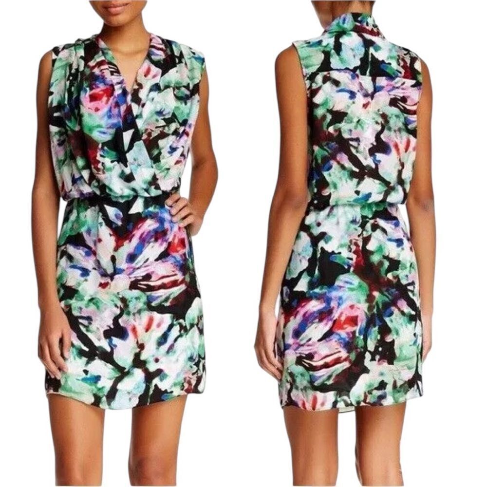 Parker Draped Surplice green pink black Watercolor Mini Dress Sleeveless medium